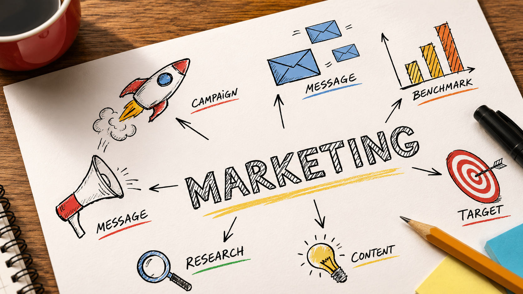 Un diagramma su una scrivania con la scritta “MARKETING” e le icone relative a campagna, messaggio, benchmark, target, contenuto, ricerca e un megafono, che illustrano i vari elementi di una strategia di marketing.