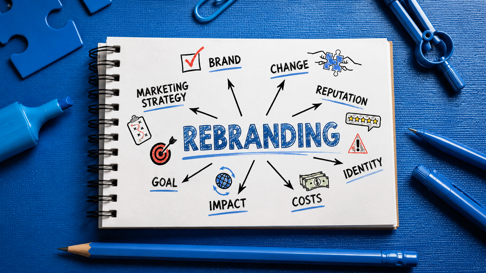 Una pagina di un taccuino riporta una mappa mentale sul rebranding, con frecce che puntano a parole come “marchio”, “cambiamento”, “reputazione”, “identità”, “costi”, “impatto”, “obiettivo” e “strategia di marketing”. Attorno al taccuino sono raffigurati articoli di cancelleria di colore blu.
