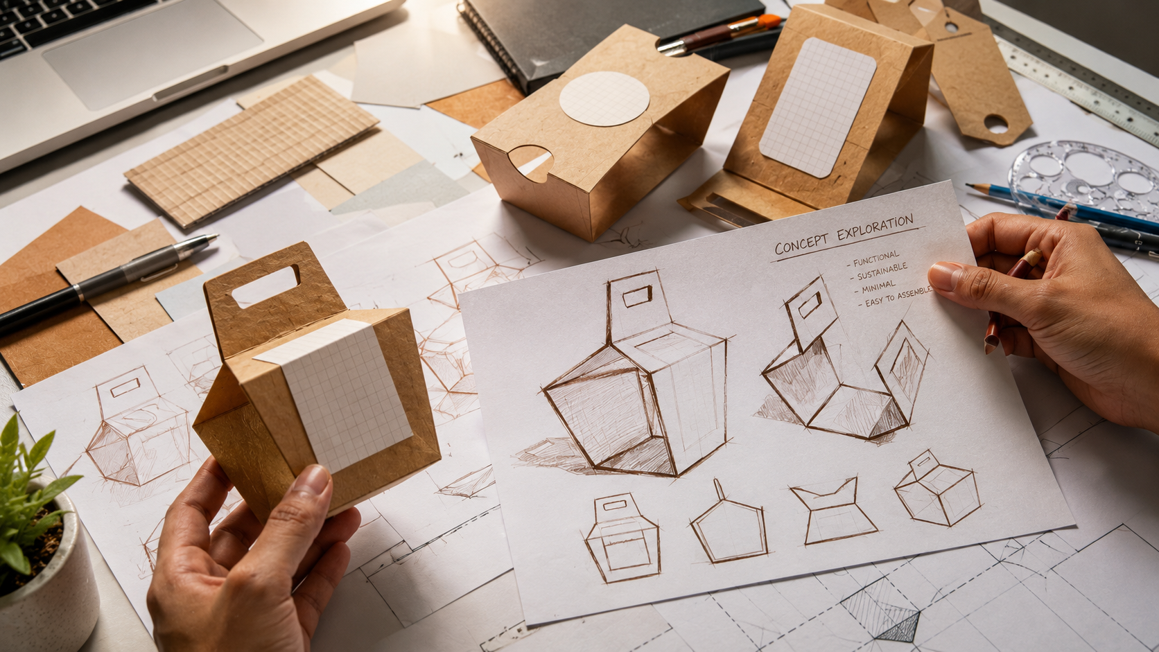 Una persona tiene in mano un prototipo di imballaggio in cartone mentre esamina uno schizzo concettuale con disegni di imballaggi su una scrivania ingombra di materiali per il fai da te e altri prototipi.