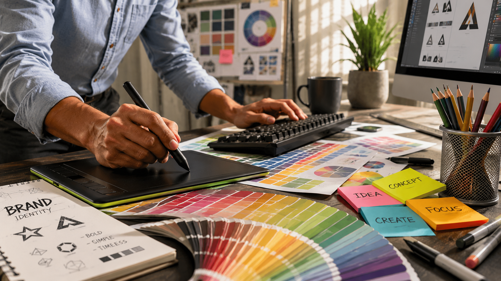 Un designer lavora alla scrivania con una tavoletta grafica, una tastiera, campioni di colore, post-it, matite e un computer, circondato da materiale promozionale, bozzetti di design e una pianta.
