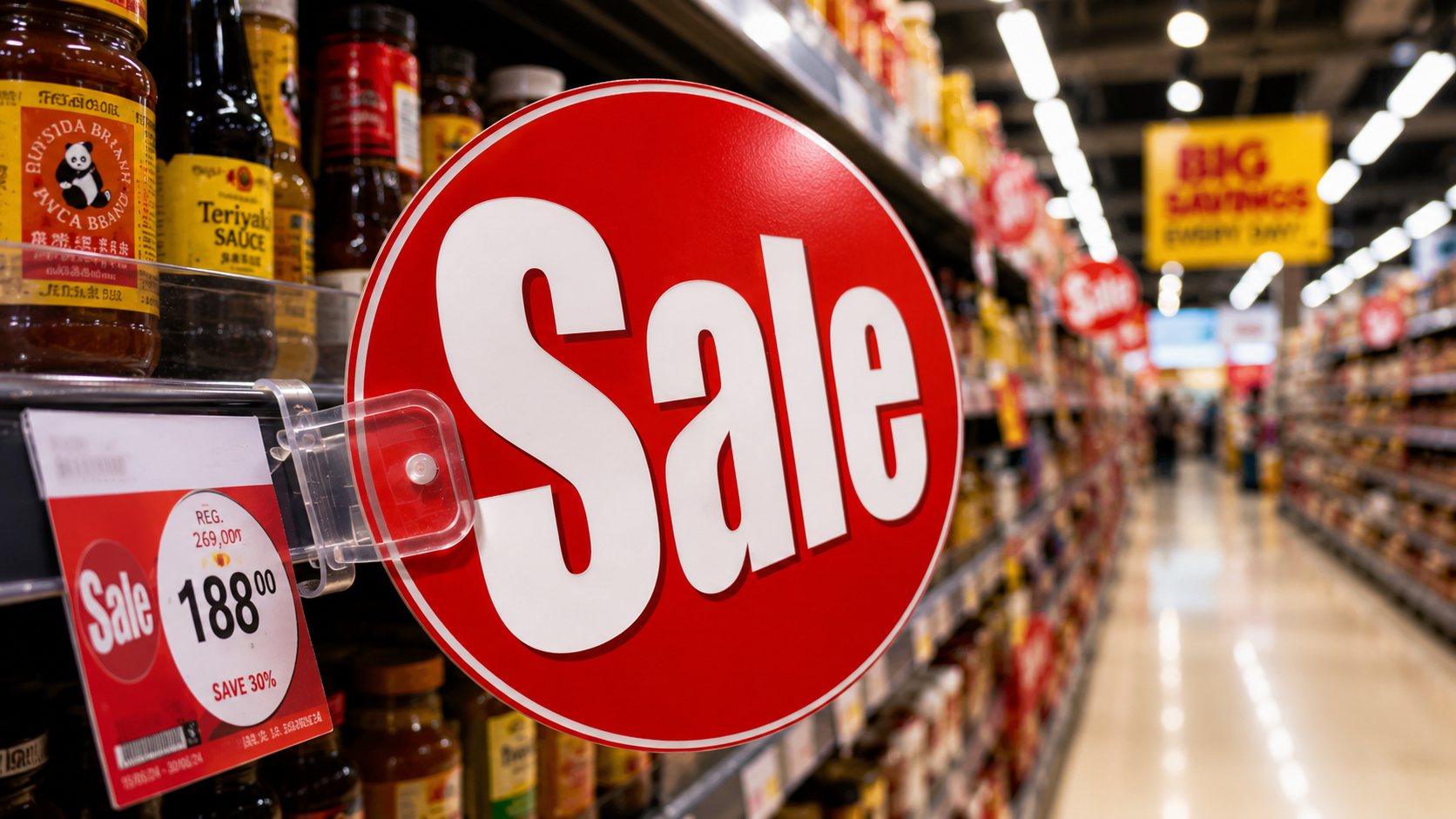 Un grande cartello rosso con la scritta “Saldi” su uno scaffale in un reparto di un negozio di alimentari, con bottiglie di salse nelle vicinanze e un cartellino del prezzo che indica un articolo in offerta. Sullo sfondo sfocato è visibile un altro cartello con la scritta “Grandi risparmi”.