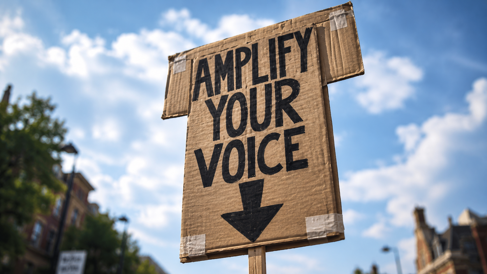 Un cartello di cartone a forma di maglietta recita “AMPLIFICA LA TUA VOCE”, con una grande freccia rivolta verso il basso; è ripreso all’aperto, sullo sfondo di un cielo blu con nuvole sparse e edifici sfocati.
