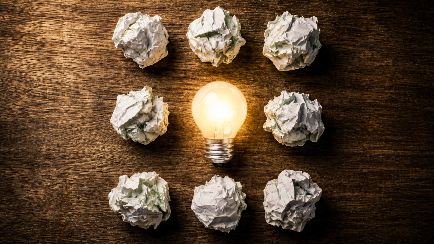 Una lampadina accesa circondata da otto fogli di carta bianca accartocciati su una superficie di legno, a simboleggiare la creatività e le idee innovative che emergono dai tentativi falliti.