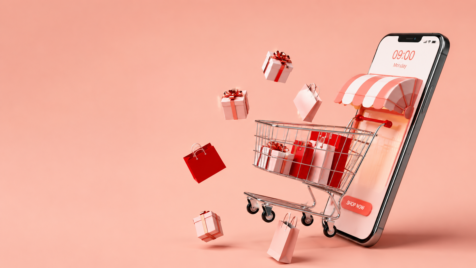Uno smartphone con una tenda a strisce mostra un'app per lo shopping. Un mini carrello della spesa con confezioni regalo e borse esce dallo schermo su uno sfondo rosa.