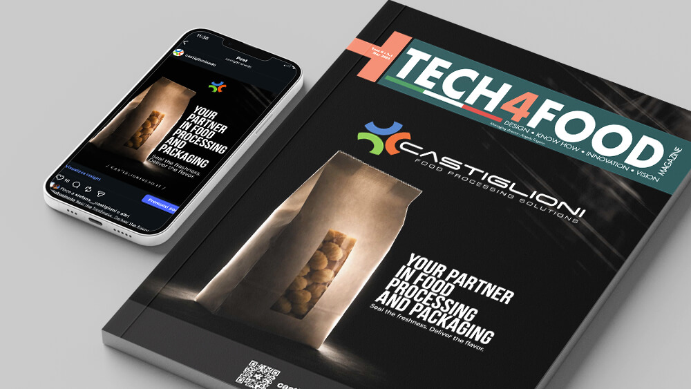 Vengono mostrati una rivista intitolata TECH4FOOD e uno smartphone su cui è visualizzata la stessa copertina. La copertina raffigura un sacchetto di alimenti, il logo Castiglioni e la scritta "Il vostro partner nella lavorazione e nel confezionamento degli alimenti".