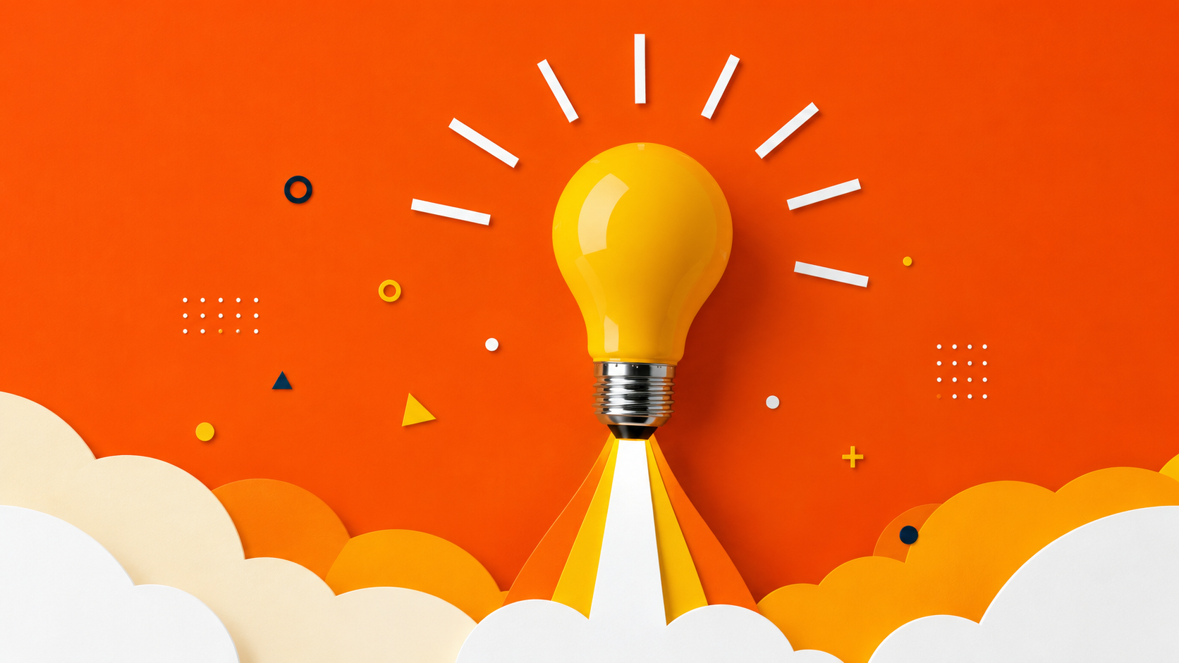 Una lampadina gialla con dei raggi sembra lanciarsi come un razzo da nuvole arancioni e bianche su uno sfondo arancione brillante, a simboleggiare la creatività e l'innovazione.