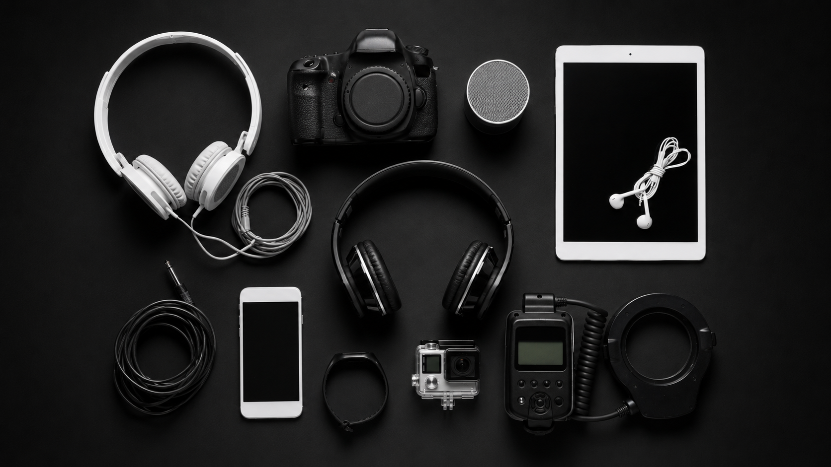 Composizione flat lay con cuffie, fotocamera, smartwatch, smartphone, action cam, altoparlante, tablet, auricolari e accessori per fotocamera su sfondo nero.