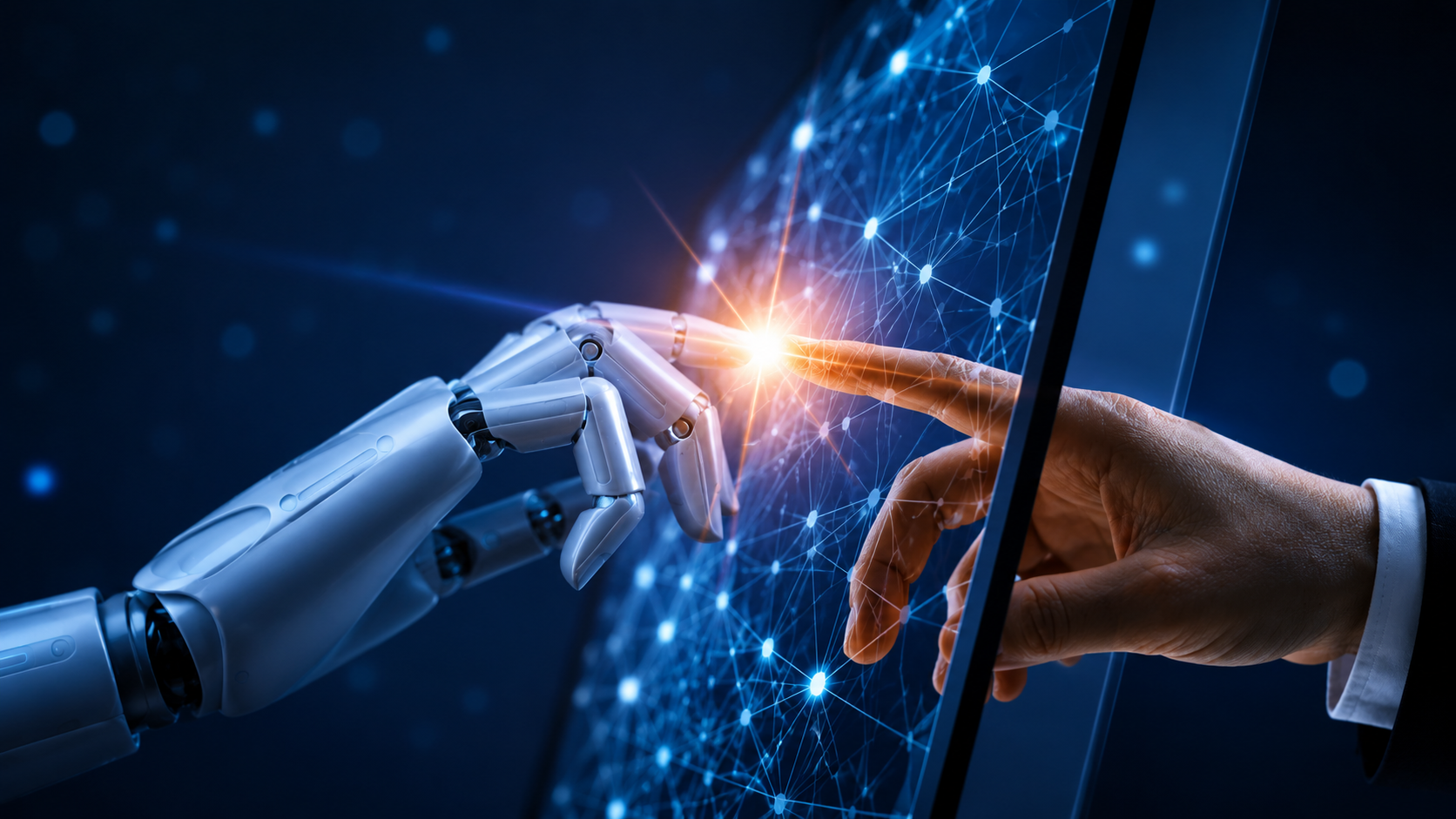 Una mano robotica e una mano umana si sfiorano con la punta delle dita attraverso uno schermo digitale su cui è visualizzata una rete luminosa, simbolo della collaborazione tra intelligenza artificiale e uomo.