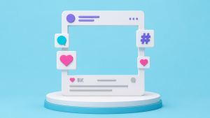 Illustrazione 3D di una cornice vuota per un post sui social media con icone per il commento, l'hashtag e il cuore su sfondo blu, posizionata su una piattaforma circolare bianca.