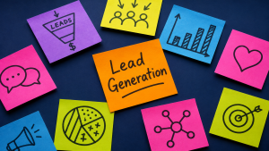 Dei post-it colorati riportano diagrammi e icone che illustrano i concetti relativi alla generazione di lead, come grafici, un imbuto, un obiettivo e nodi di rete. Il post-it arancione al centro riporta la scritta “Lead Generation” in grassetto nero.