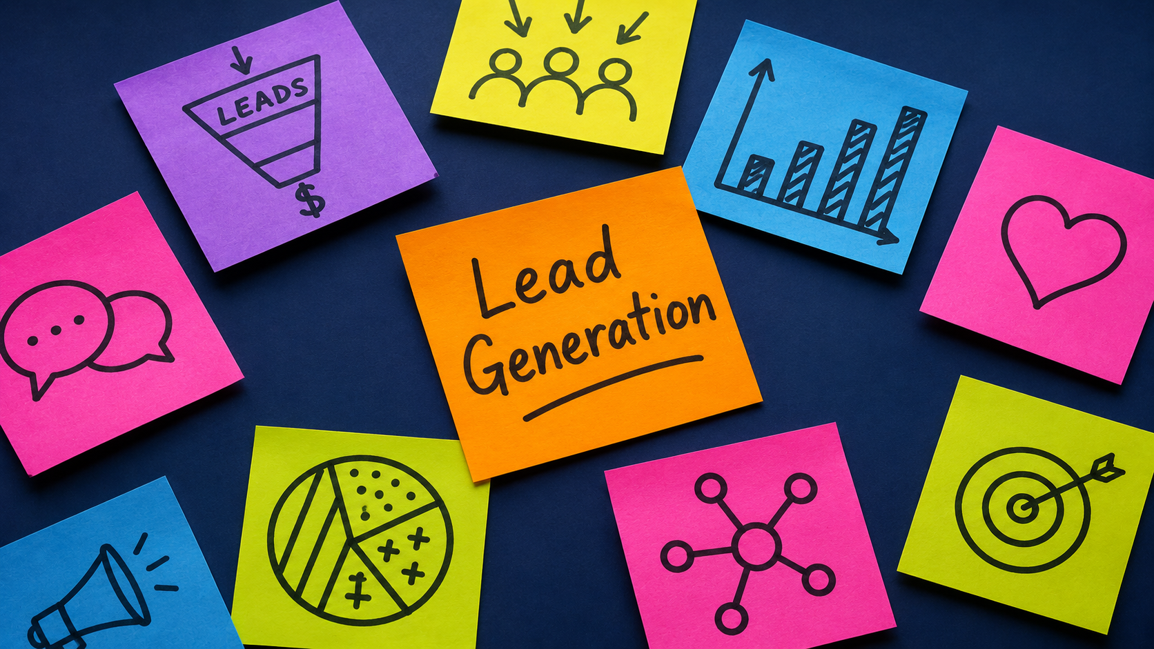 Dei post-it colorati riportano diagrammi e icone che illustrano i concetti relativi alla generazione di lead, come grafici, un imbuto, un obiettivo e nodi di rete. Il post-it arancione al centro riporta la scritta “Lead Generation” in grassetto nero.