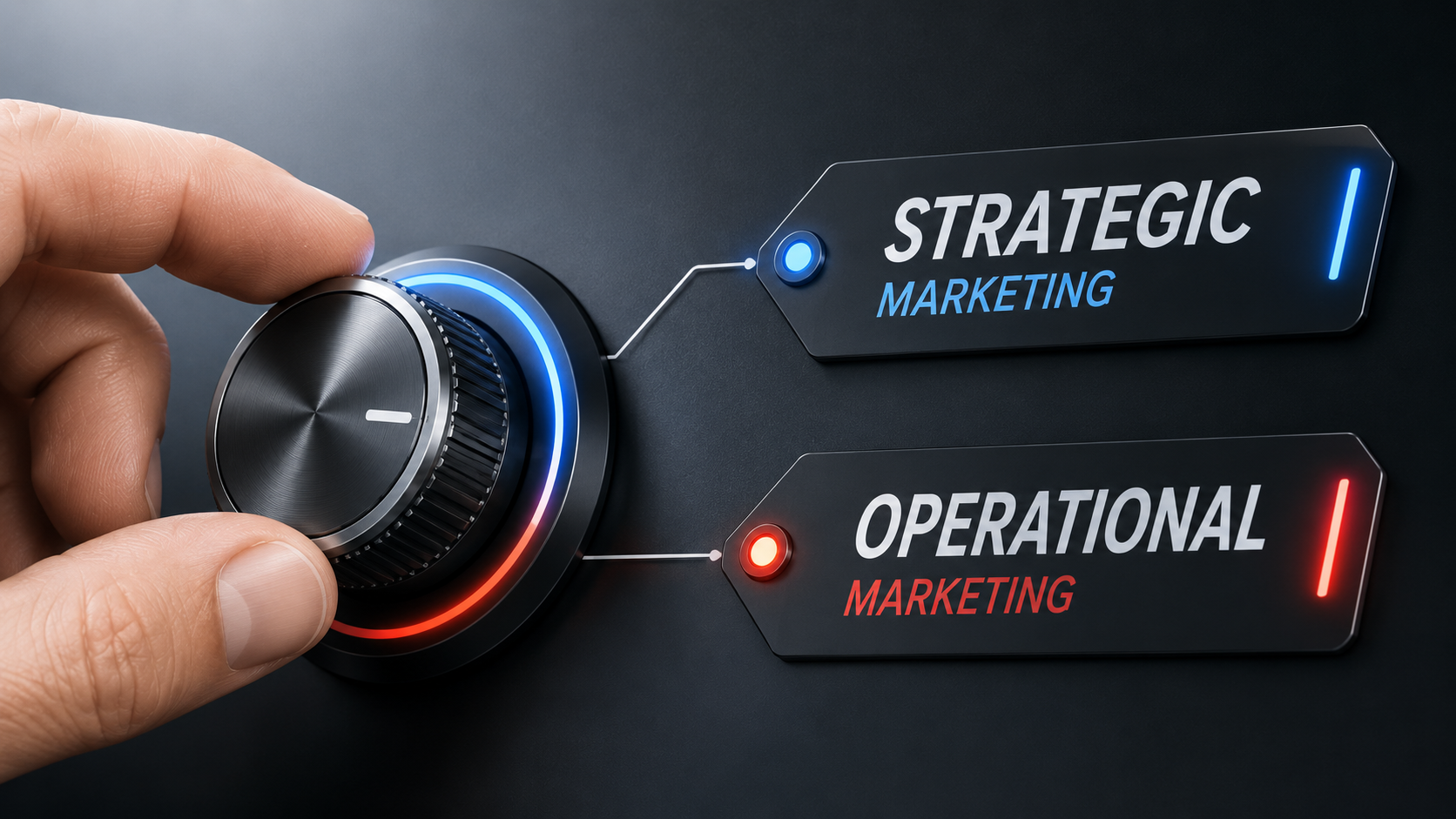 Una mano fa ruotare un grande quadrante nero con luci blu e rosse lampeggianti, indicando le voci “Marketing strategico” e “Marketing operativo” su etichette collegate da fili.