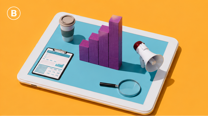 Su un tablet sono visualizzati alcuni elementi tipici del mondo degli affari: un blocco note con dei grafici, una lente d'ingrandimento, un megafono, una tazza di caffè e dei blocchi viola disposti in ordine crescente, il tutto su uno sfondo giallo brillante.