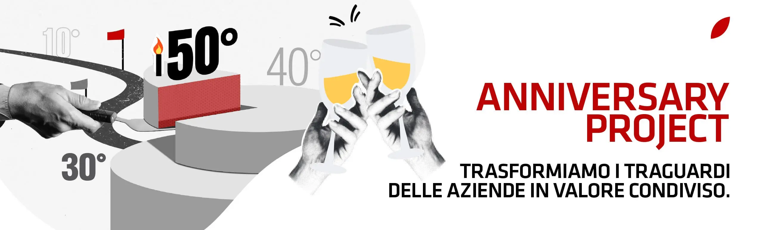 Illustrazione di mani che brindano con bicchieri, una strada che si snoda su una carta 3D che segna 30°, 40° e 150° e il testo Progetto Anniversario: Trasformiamo i traguardi delle aziende in valore condiviso.