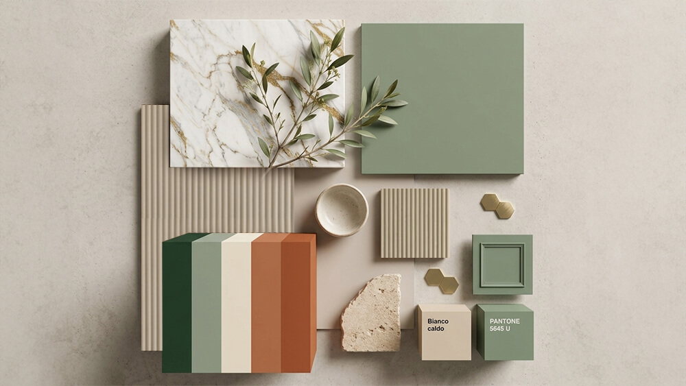 Una composizione a vista di materiali, piastrelle e campioni di colore nelle tonalità del verde salvia, del beige, del marrone chiaro, del crema e del terracotta, con tocchi di marmo e rami d'ulivo per un'estetica naturale e minimalista.