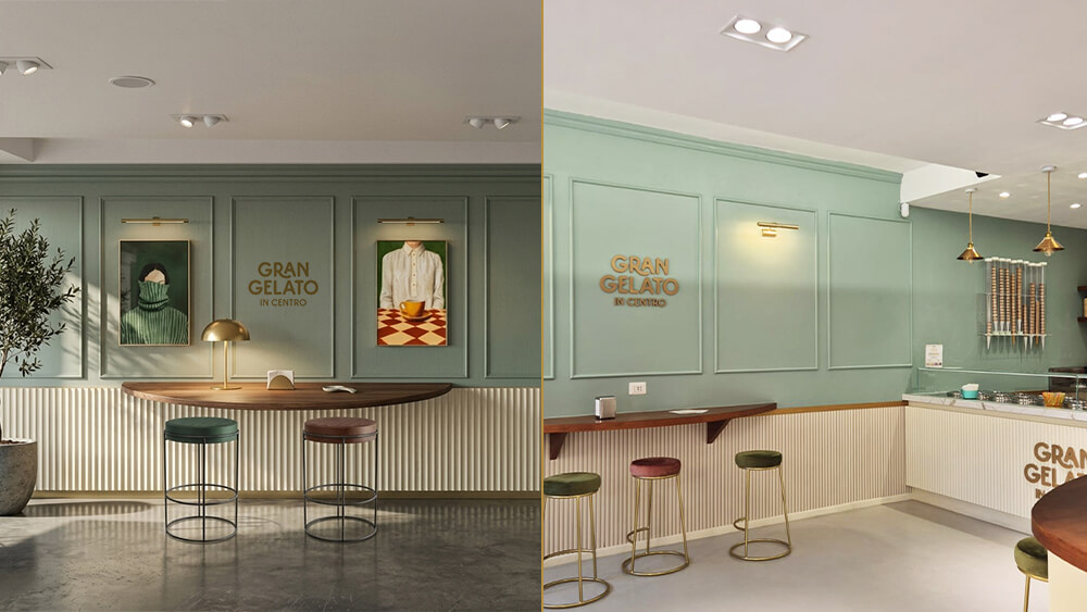 Immagini affiancate di una moderna gelateria con pareti verde pastello, dettagli dorati, sgabelli, quadri incorniciati e un bancone in legno. Una delle immagini mostra le decorazioni alle pareti e i posti a sedere al bancone, l'altra la vetrina dei gelati e altri sgabelli.