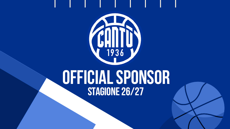 Grafica blu con il logo della squadra di pallacanestro Cantu 1936 nella parte superiore. Il testo sottostante recita “Sponsor ufficiale Stagione 26/27”, con un disegno geometrico e un leggero motivo a pallacanestro sullo sfondo.
